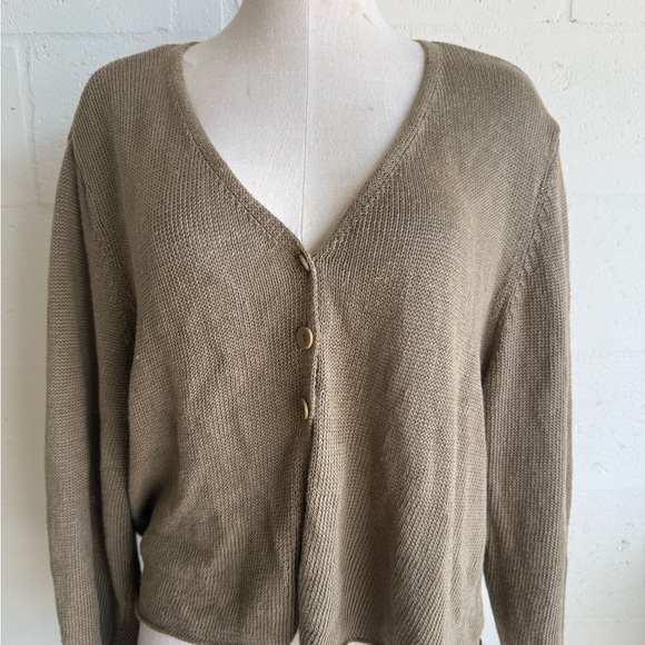 Eileen Fisher Linen Cardigan XL Dark Green 100% Linen Sweater 3/4 Sleeves Button - Picture 2 of 11